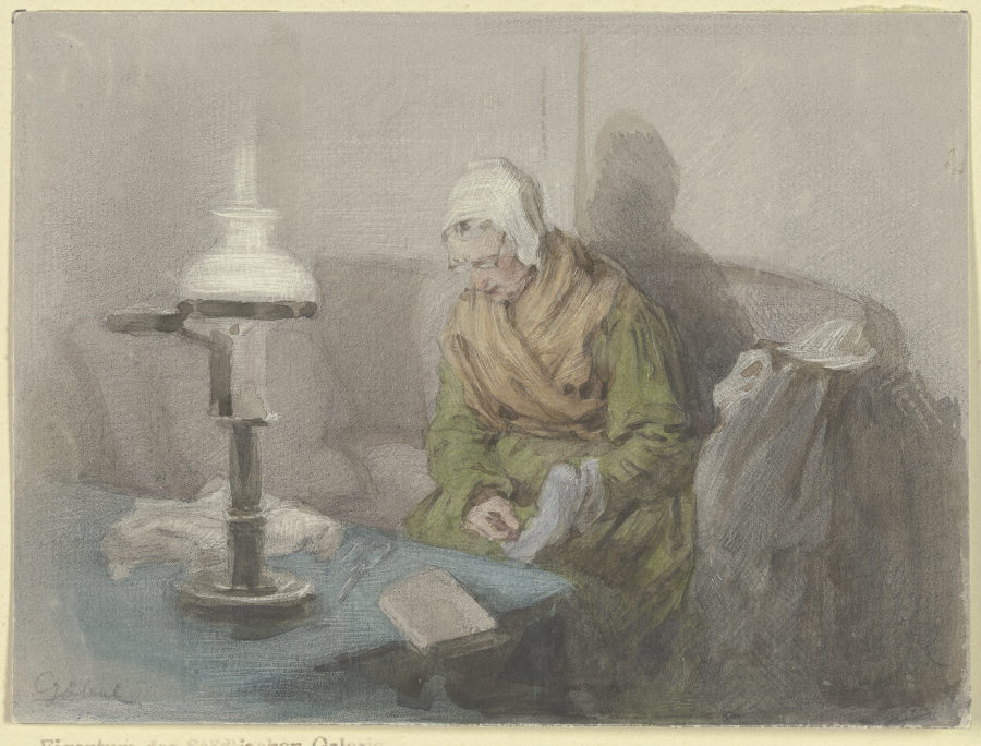 Alte Frau bei Lampenlicht von Angilbert Göbel