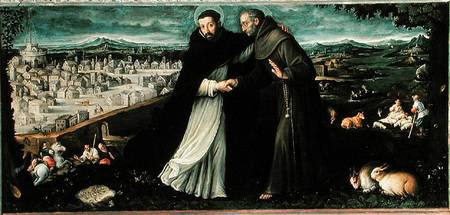 The meeting of St Francis of Assisi and St Dominic in Rome von Angiola Leone
