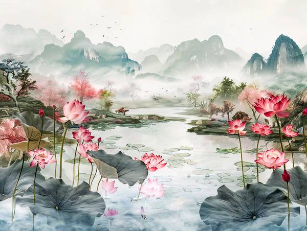 Chinesische Lotosblumen am Teich. Berglandschaft. von Anja Frost