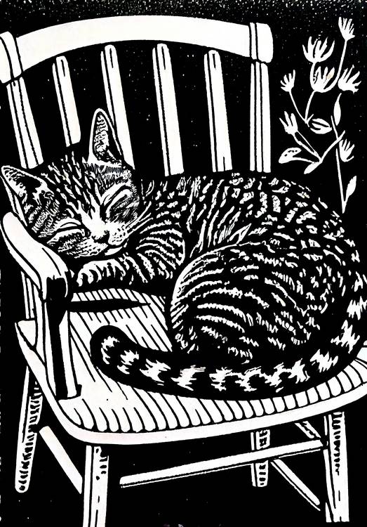 Katze schläft auf Gartenstuhl. Linoldruck von Anja Frost