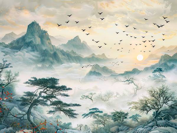 Morgensonne über den Bergen von China. Vogelschwarm. von Anja Frost