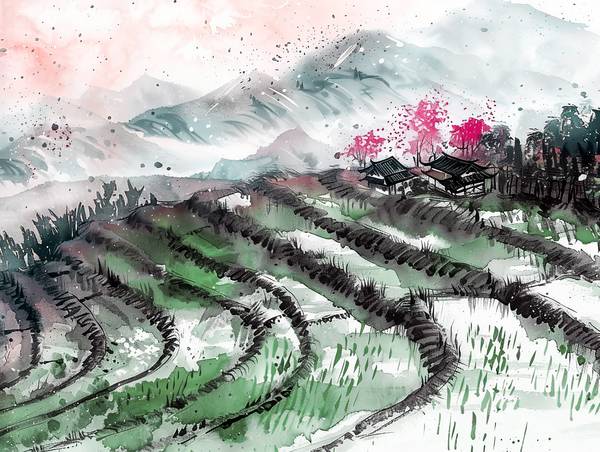 Reisterrassen in China. Ink Zeichnung von Anja Frost