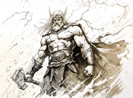 Bleistiftzeichnung von Gott Thor, der seinen mächtigen Hammer, Mjölnir, schwingt, während Blitze den 2023
