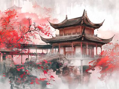 Chinesischer Tempel zur Kirschblüte. 2024