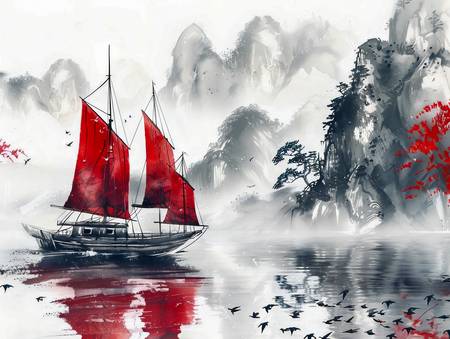 Chinesisches Boot auf dem Meer mit Bergen 2024