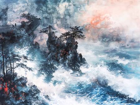 Das Meer bricht an den chinesischen Bergen. 2024