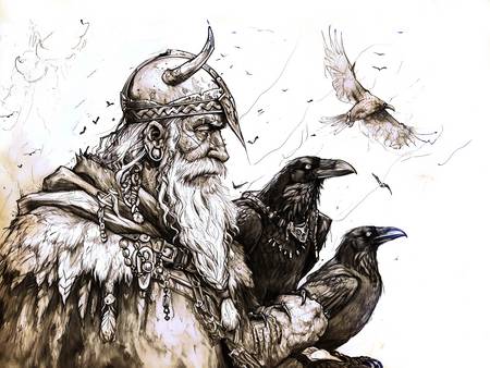 Gott Odin mit den beiden Raben Hugin und Munin 2023