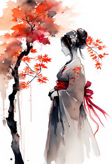 Japanische Geisha mit herbstlichem Ahornbaum. Aquarell 2022