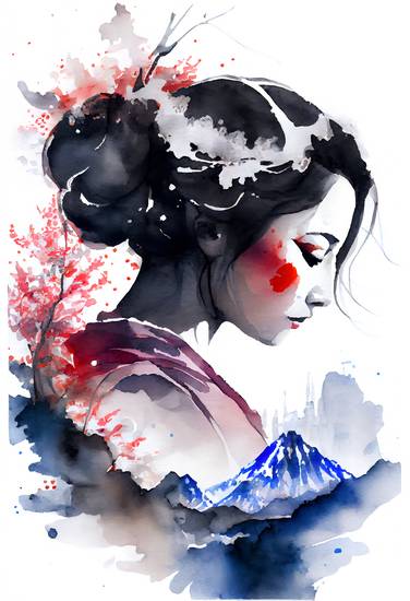 Japanische Geisha mit Sakura Kirschblütenzweig und Fuji Berg. Aquarell 2023