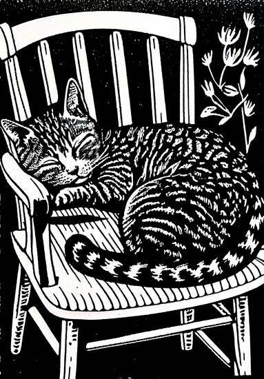 Katze schläft auf Gartenstuhl. Linoldruck 2023