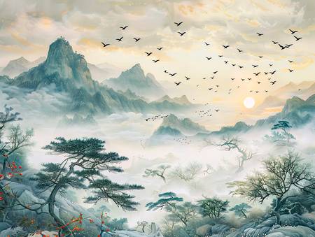 Morgensonne über den Bergen von China. Vogelschwarm. 2024