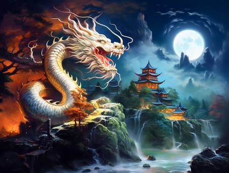 Mystischer Drachenflug über den Bergen. Jahr des Drachen. Chinesischer Drache. 2024