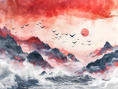 Sonnenaufgang über dem Meer. Vogelschwarm. 2024