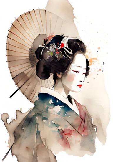 Traditionelle japanische Geisha mit Kimono und Sonnenschirm. Aquarell 2022