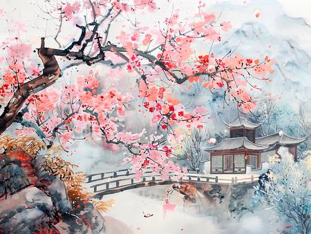 Zeit der Kirschblühte in China mit Tempel und Brücke über das Wasser 2024
