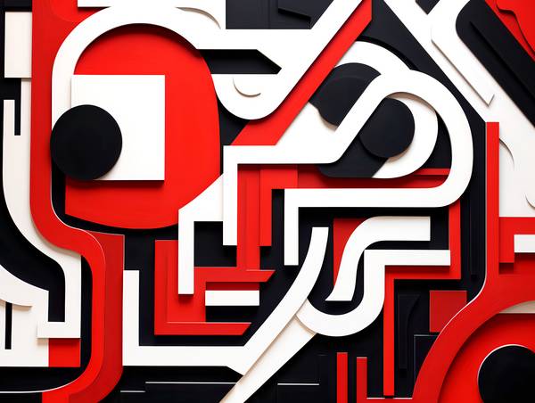 Verschlungenes Zusammenspiel Rote Weiße und Schwarze Kreise und Vierecke mit 3D-Effekt von Anja Frost