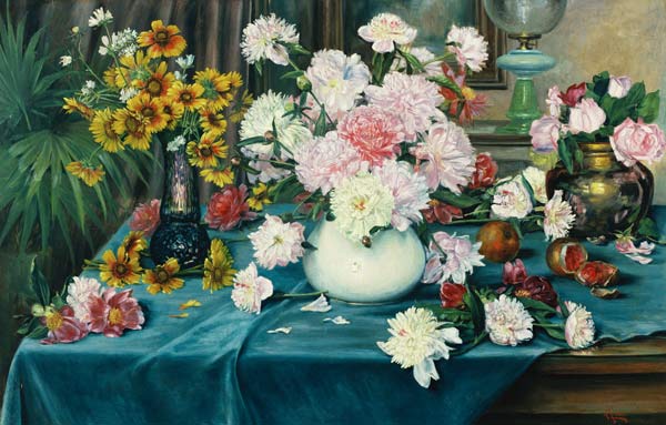 Pfingstrosen, Rosen und andere Blumen in Vasen von Anna Knittel