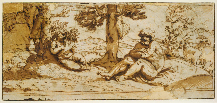 Amor, die Flöte spielend, und Silen in arkadischer Landschaft von Annibale Carracci