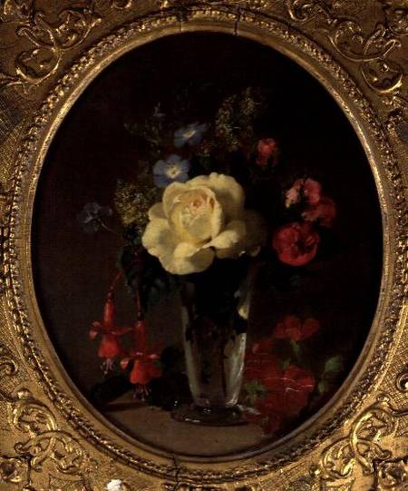 Still Life of a Yellow Rose, Mignonette and Fuchsias von Annie Feray Mutrie