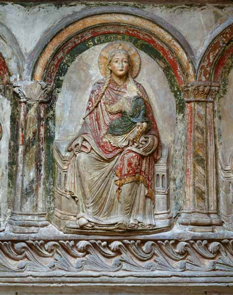 Maria mit dem Kind umgeben von 6 Aposteln (Südliche Chorschranke), Detail: Maria. Ende 12. Jh. von Anonym Romanisch