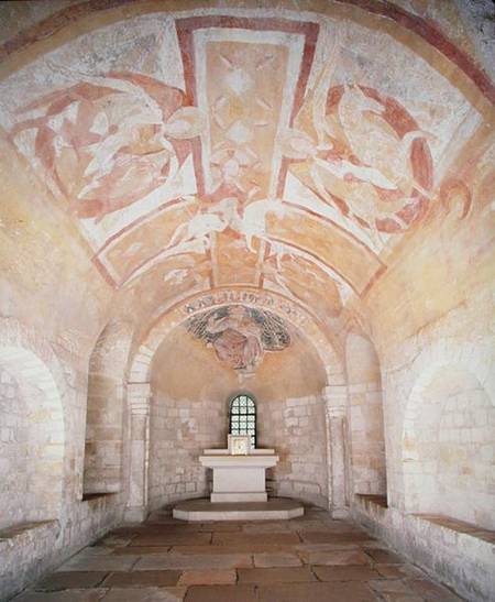 The Crypt, from the earlier church of 1030, with frescoes of Christ on a white horse surrounded by a von Anonym Romanisch