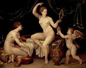 Venus betrachtet sich nach dem Bade im Spiegel, Amor reicht den Salbentiegel von Anonym, Haarlem