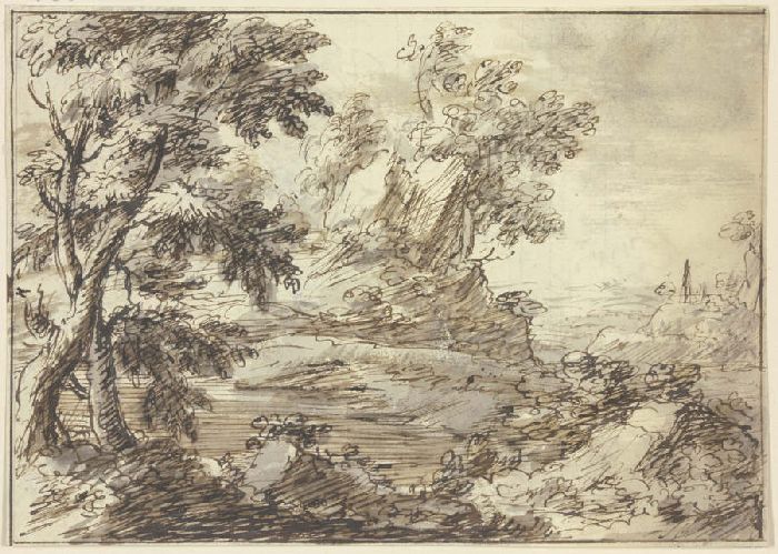 Bäume, im Vordergrund ein Fluss und Figuren, von denen eine in einem Boot steht von Anonym