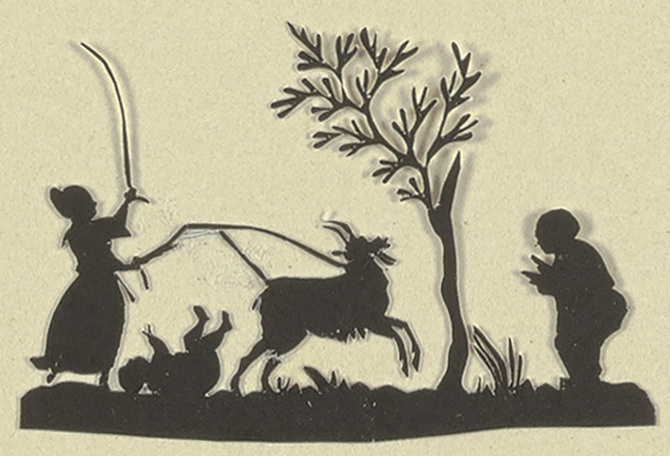 Ein Hirtenpaar mit Kind und Ziege unter einem Baum von Anonym