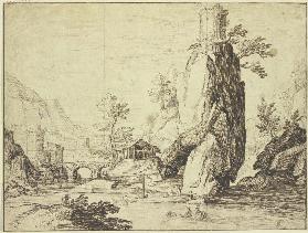 Flußlandschaft mit einem Turm auf einem Felsen und einer Stadtansicht in der Ferne