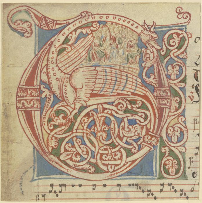 Initiale C oder G, Ornament mit geflügltem Drachen (verso Textfragment) von Anonym