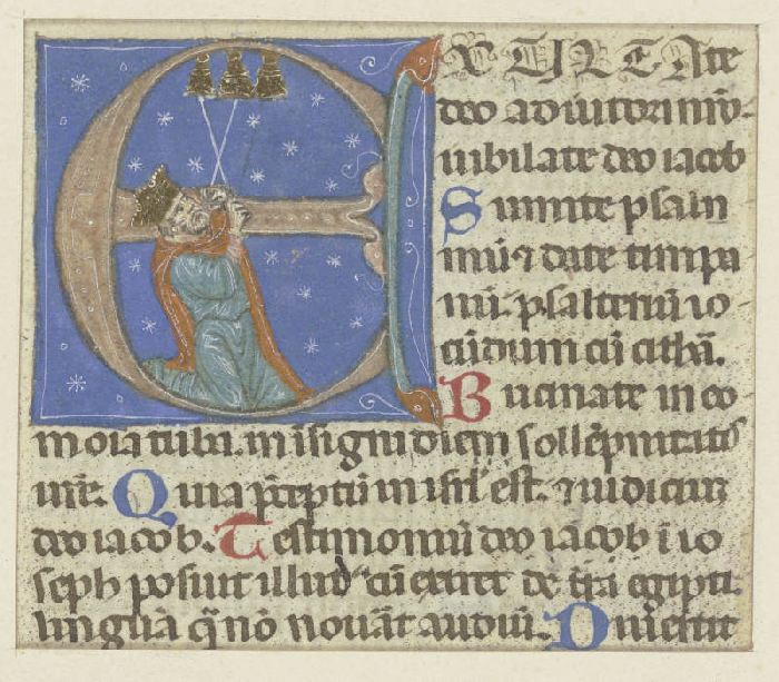 Initiale E: Darin ein kniender Mann mit Krone, drei Glocken läutend (verso Textfragment) von Anonym