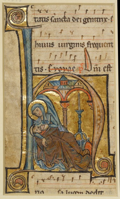 Initiale H: Maria gibt dem Jesuskind die Brust von Anonym