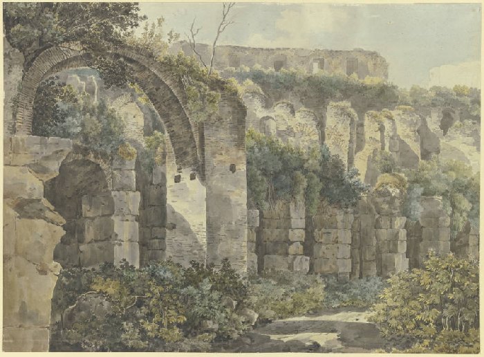 Römische Ruinen mit großem Bogen und hohen Mauern, von Pflanzen überwuchert von Anonym