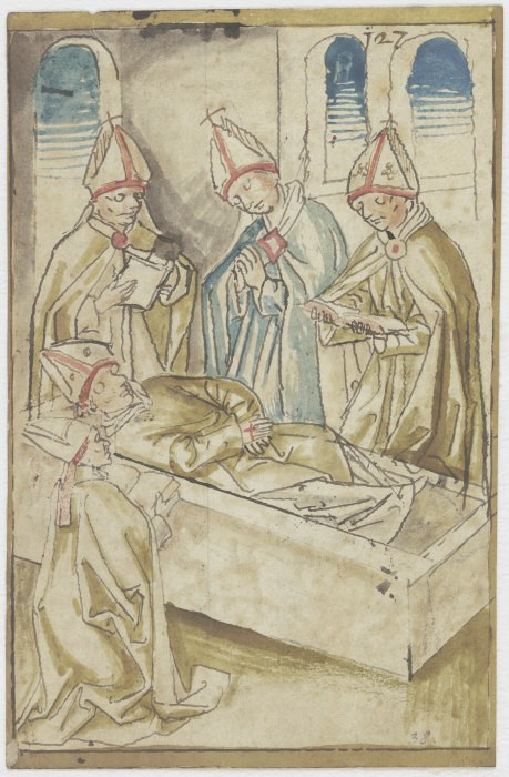 Vier Geistliche, betend um einen Sarg stehend (Der Tod des Heiligen Ulrich) von Anonym