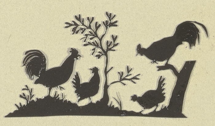Zwei Hähne und zwei Hennen unter einem Baum von Anonym
