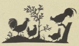 Zwei Hähne und zwei Hennen unter einem Baum