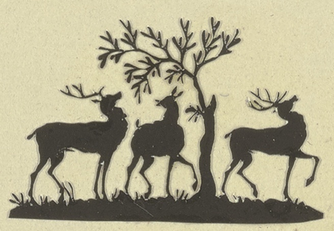 Zwei männliche Hirsche und eine Hirschkuh unter einem Baum von Anonym