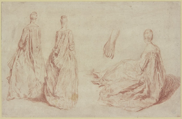 Zwei stehende Damen in Rückansicht, eine Hand und eine sitzende Dame von Anonym