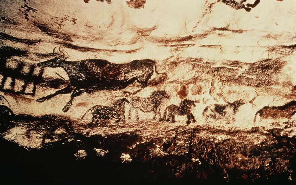 Rock painting of a leaping cow and a frieze of small horses von Anonymous