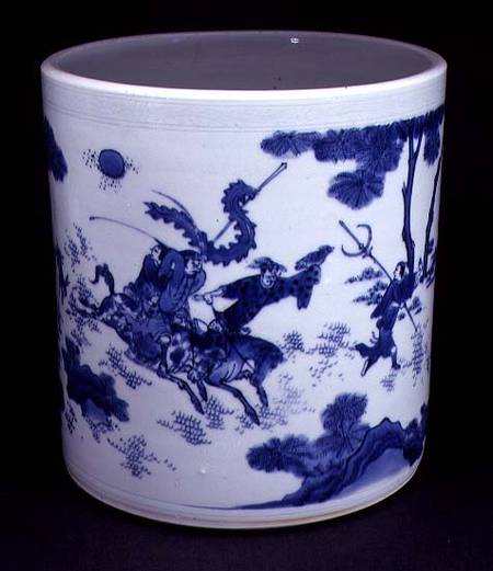 Blue and White Brushpot, painted with horsemen, Chinese,Transitional period von Anonymous