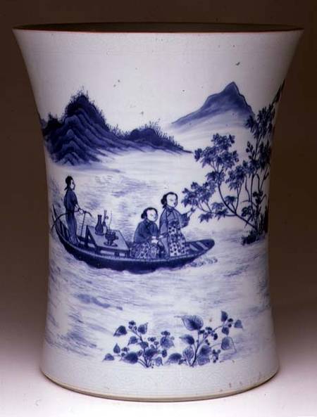 Blue and White Brushpot, painted with ladies in a punt, Chinese,Transitional period von Anonymous