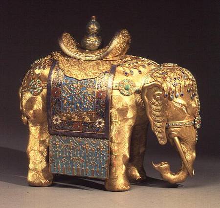 Chinese gilt-bronze figure of an elephant, with enamel trappings and coral and turquoise cabochons, von Anonymous