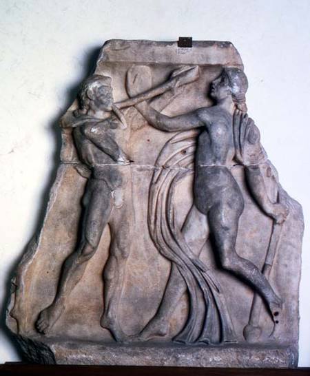 Fragment of a sarcophagus with a youth and a bacchanteRoman von Anonymous