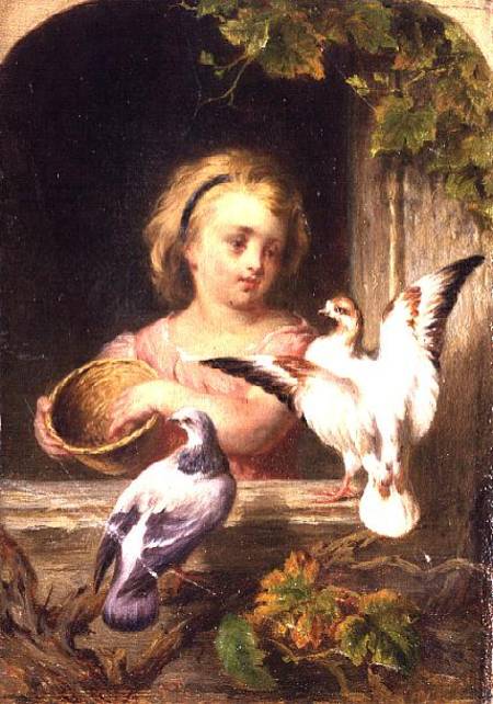 Girl Feeding Pigeons signed G.J.H. von Anonymous