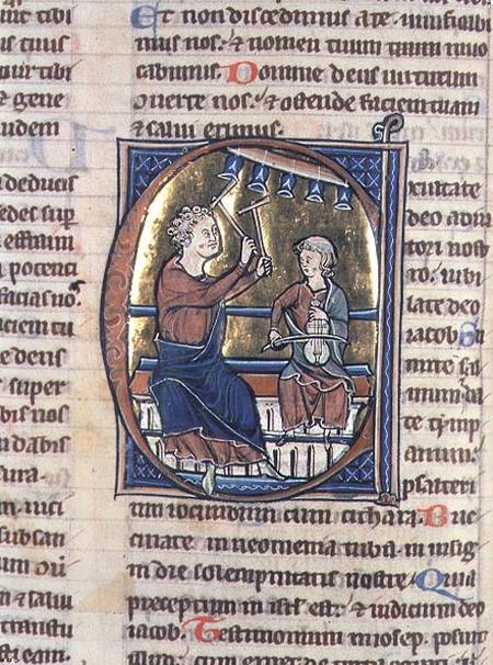 Historiated initial 'C' depicting two musicians, one playing the viol and the other the bell chimes von Anonymous