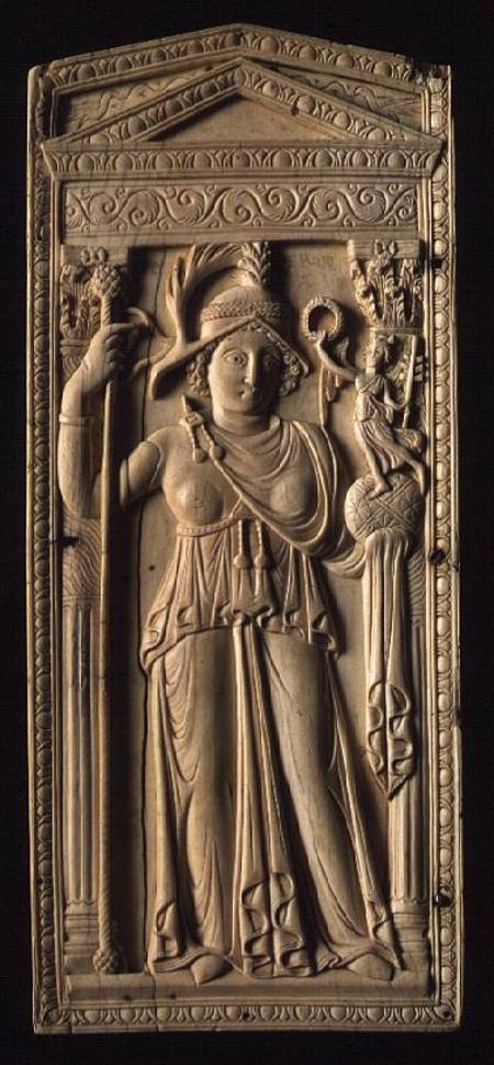 Ivory relief tablet depicting a helmeted Roman goddess holding a sceptre in her right handan orb wit von Anonymous