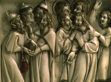 Judas receiving thirty pieces of silver, detail of ivory diptych,French von Anonymous