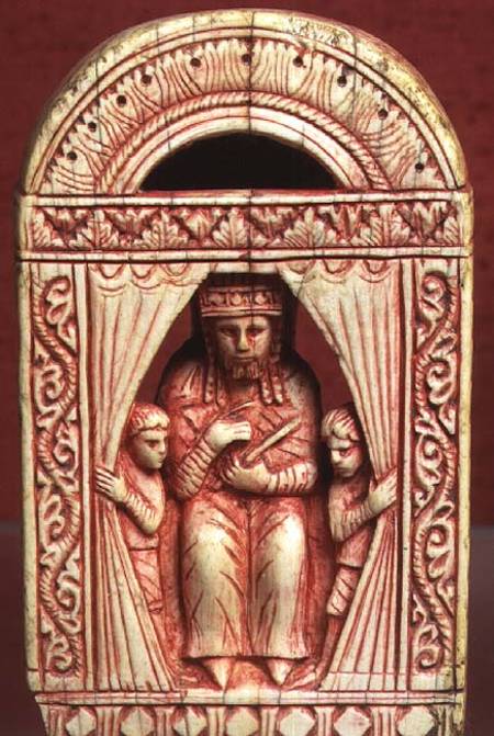 King chess piece, showing an enthroned figure in a curtained alcove with two attendants,Italian von Anonymous