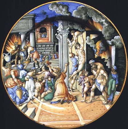 Maiolica plate depicting the burning of Troy with Aeneas carrying his father Anchises on his back wi von Anonymous