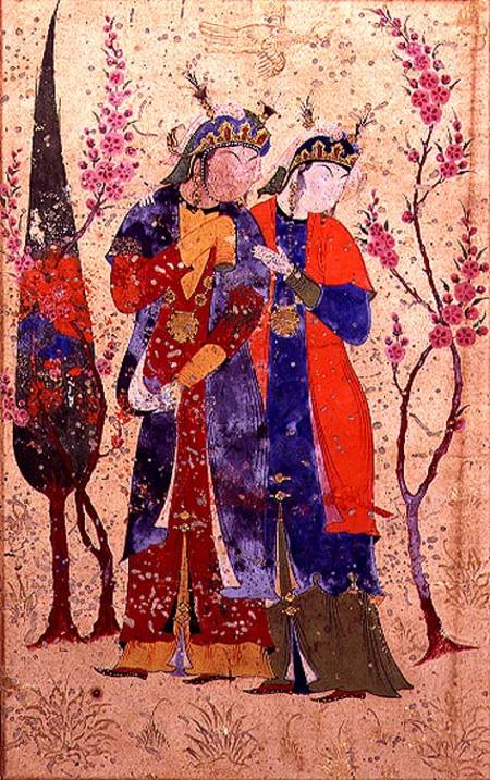 Two princesses in a garden landscape, Persian, Bokhara von Anonymous